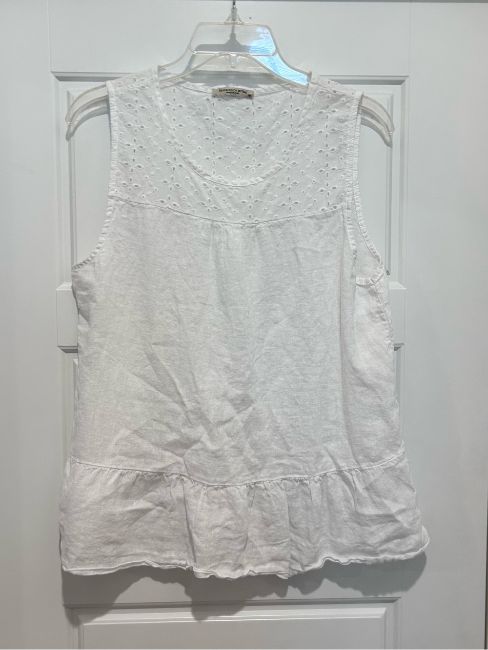 White 100% Linen Eyelet Yoke Ruffle Hem Tank Top